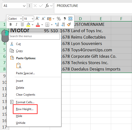 Row height context menu