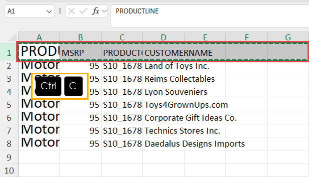 Select and copy the row