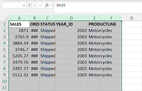 Selected target columns