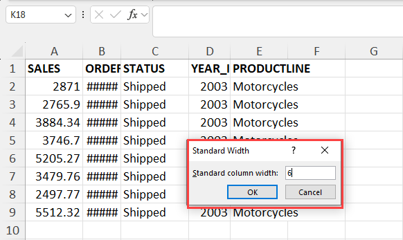 Standard width dialog