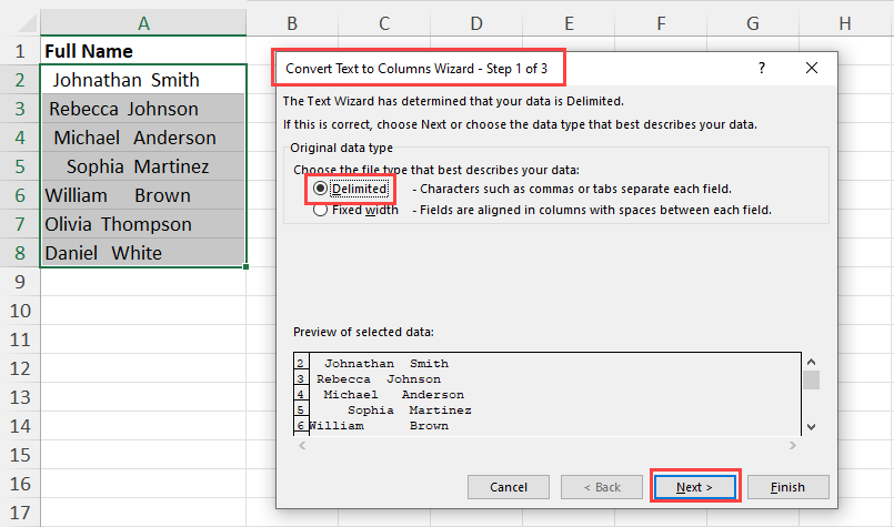 Text to Columns step 1