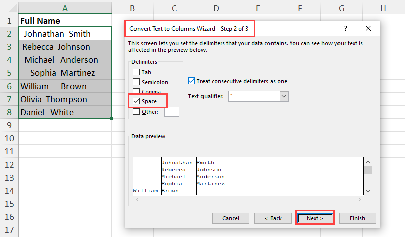 Text to Columns step 2