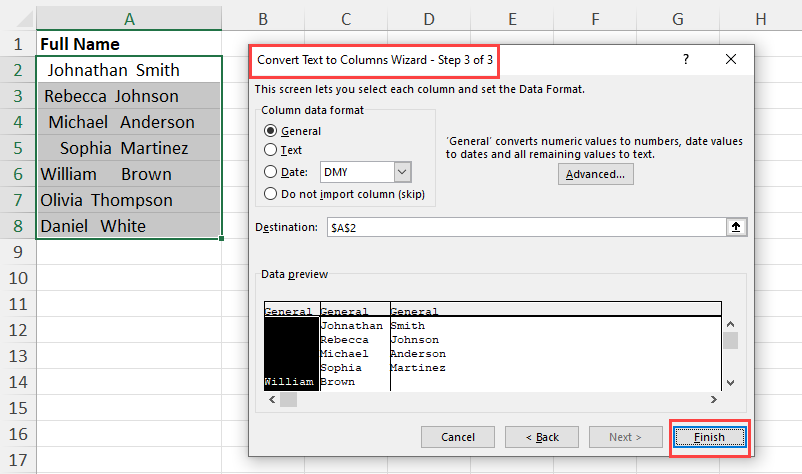 Text to Columns step 3