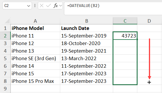 Using fill handle for DATEVALUE
