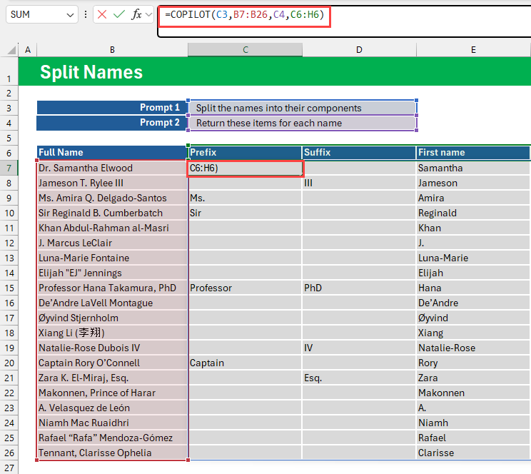 COPILOT formula for name split