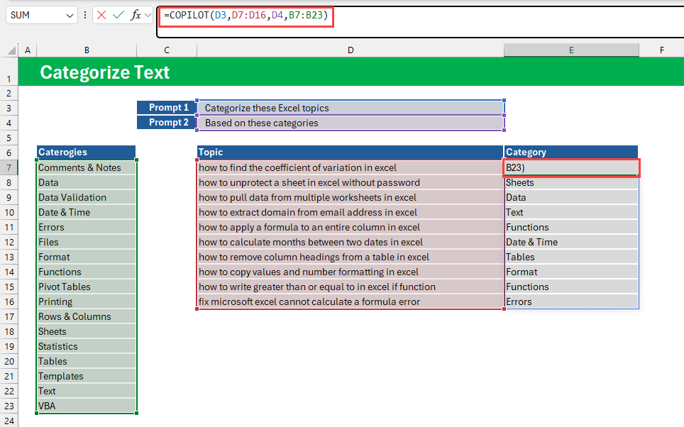Enter formula category